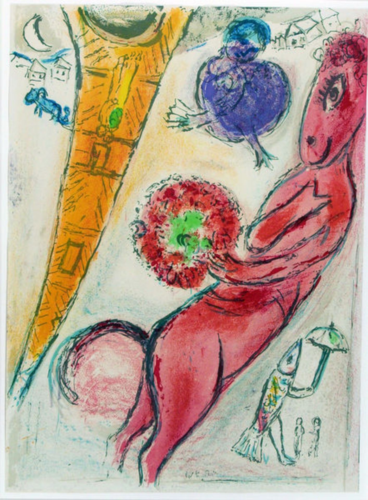 Chagall, Marc
Farblithographie auf Papier, 38,0 × 27,8 cm.
Eifelturm und Esel (1954)Mourlot 97.