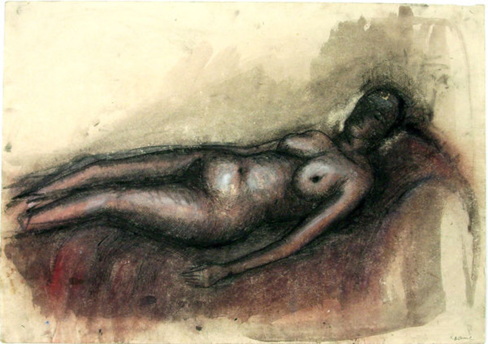Böhme, Lothar
Mischtechnik auf Papier, 41,6 × 59,0 cm.
Liegender weiblicher AktSigniert. Verso