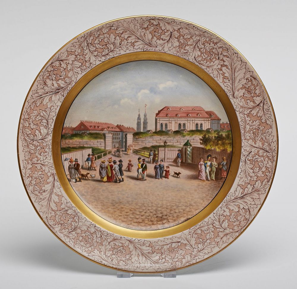 Teller mit Ansicht von Dresden, Meissen um 1800. Rd. Form, minim. ansteigende Fahne. Im Spiegel