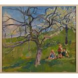 Gouache Julius Paul Junghans 1876 Wien - 1958 Düsseldorf "Kinder auf der Frühlingswiese" u. li.