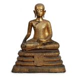 Gr. Bronze-Buddha auf Thron, Thailand 19. Jh. Bronze vergoldet. 2-tlg. Stil: Ratnakozin. In der