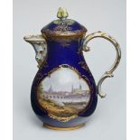 Kaffeekanne mit Ansicht von Dresden, Meissen 1860. Kobaltblau, gold u. bunt staffiert.