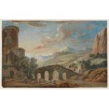Gouache, weiß gehöht Französischer Landschaftsmaler um 1780-1800 "Felsige Landschaft mit Figuren vor