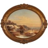 GemäldeLandschafts- u. Figurenmaler um 1870 "Winterlandschaft mit Eisvergnügen auf einem