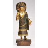 Stehender Buddha, Tibet wohl 20. Jh.Bronze, patiniert u. bemalt. Standfigur in reich dekoriertem