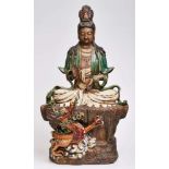 Gr. SkulpturGuanyin/ Göttin, China wohl 20. Jh. Feine Keramik, farbig matt u. glänzend glasiert.