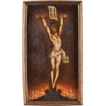Gemälde Sakralmaler 18. Jh."Jesus am Kreuz" Öl/Lwd. auf Holz, 61,5 x 33,5 cm, Def.u. restaur.