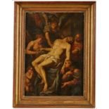 Gemälde Sakralmaler 18. Jh."Kreuzabnahme mit Engeln" Öl/Lwd. (doubl.), 41,5 x 30,5 cm, rest., Def.