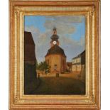 Bilderuhr, deutsch um 1850Gemälde d. Bornheimer Kirche, Öl/Holz. Uhr in Kirchturm. Uhrwerk m.