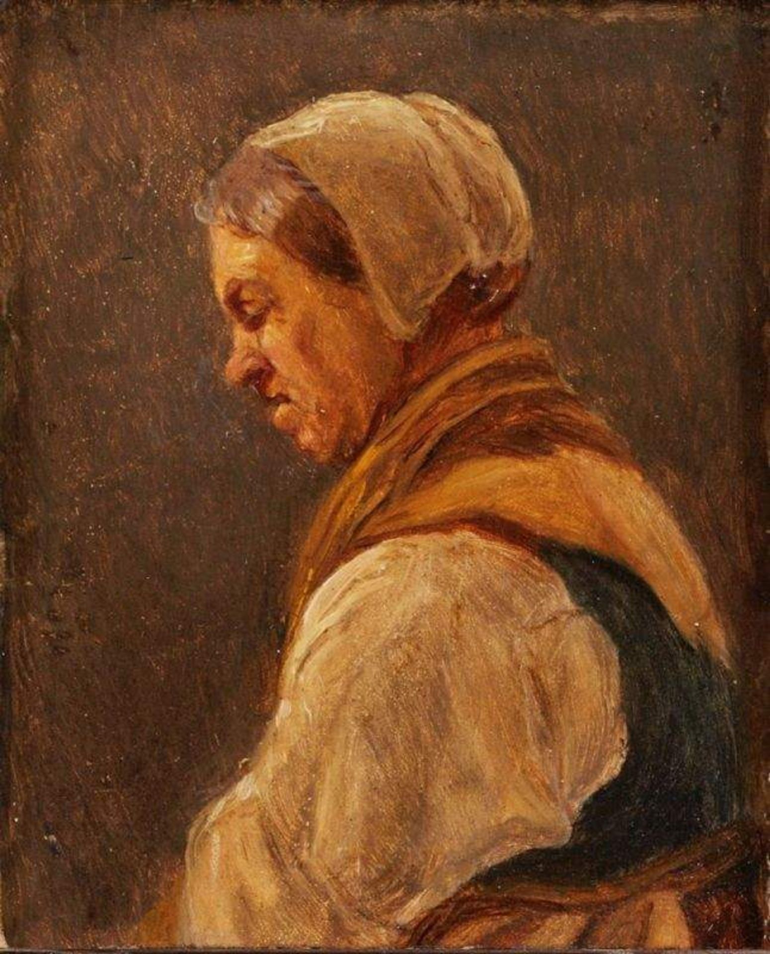 Gemälde Anton Burger1824 Frankfurt - 1905 Kronberg "Studie einer Marktfrau" Öl/Holz, 9,5 x 9 cm