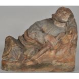Schlafender Paulus, mittelrheinisch, um 1430Ton mit Spuren alter Bemalung. Figur des Apostels mit