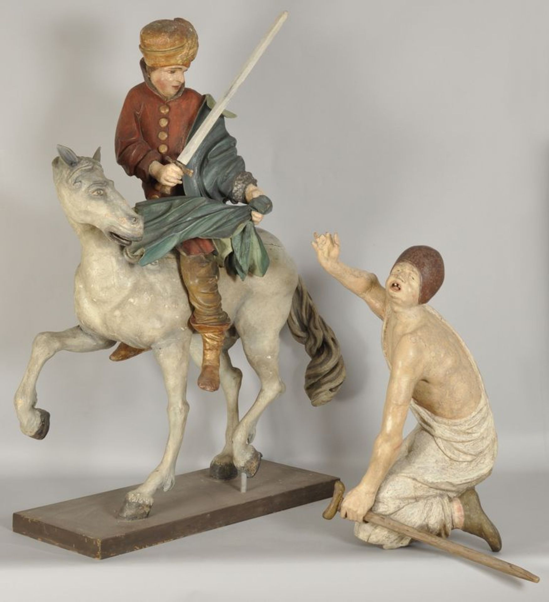 Figurengruppe Heiliger Martin mit Bettler,Österreich oder Tirol, 17. Jh. Laubholz, vollplastisch
