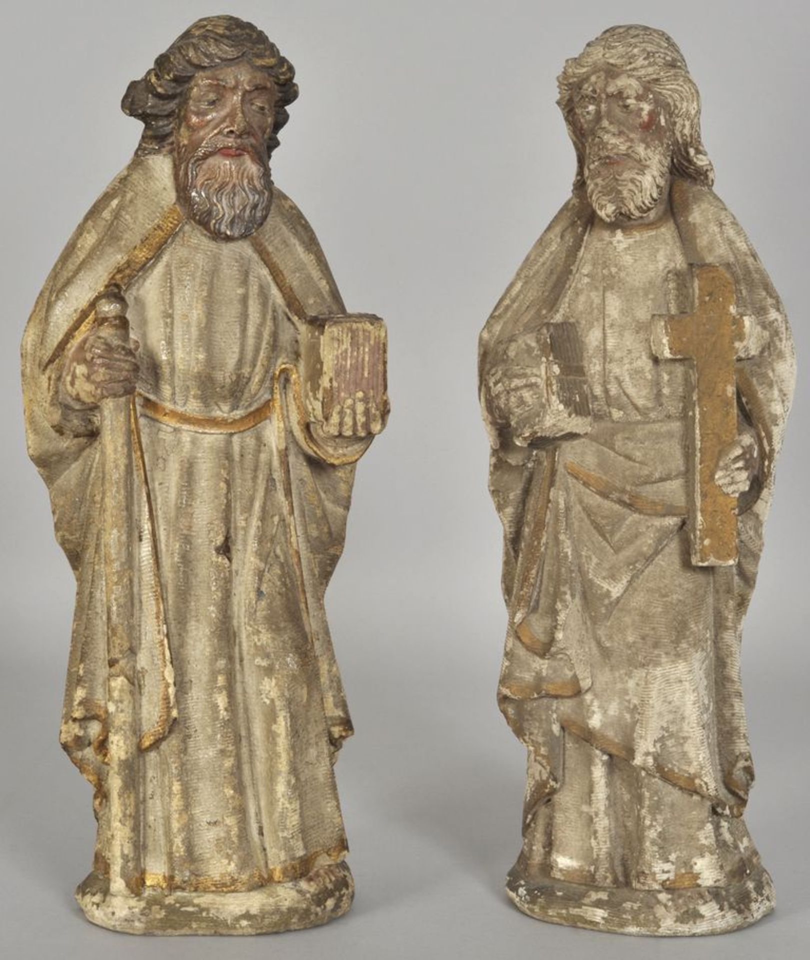 2 Apostelfiguren, Westfalen, 14. Jh.Sandstein. Vollplastisch, Rückenkerbe, Gesichter und Hände