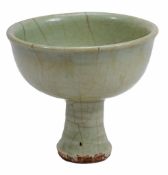 A Longquan celadon stem cup, Yuan dynasty , the ribbed  A Longquan celadon stem cup,    Yuan dynasty