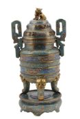 A Chinese cloisonne enamel and gilt-metal tripod censer, cover and stand  A Chinese cloisonne enamel