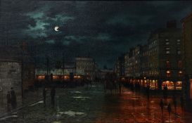 Michael Matthews (b.1933) - Liverpool Docks, illuminated by moonlight Oil on canvas Initialled and