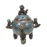 A cloisonne' censer of globular form decorated with lotus designs amid...  A  cloisonne'