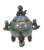 A cloisonne' censer of globular form decorated with lotus designs amid...  A  cloisonne'
