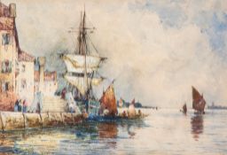 Thomas Bush Hardy (1842-1897) - Moored sailing ship on the Venetian lagoon Watercolour, touches of