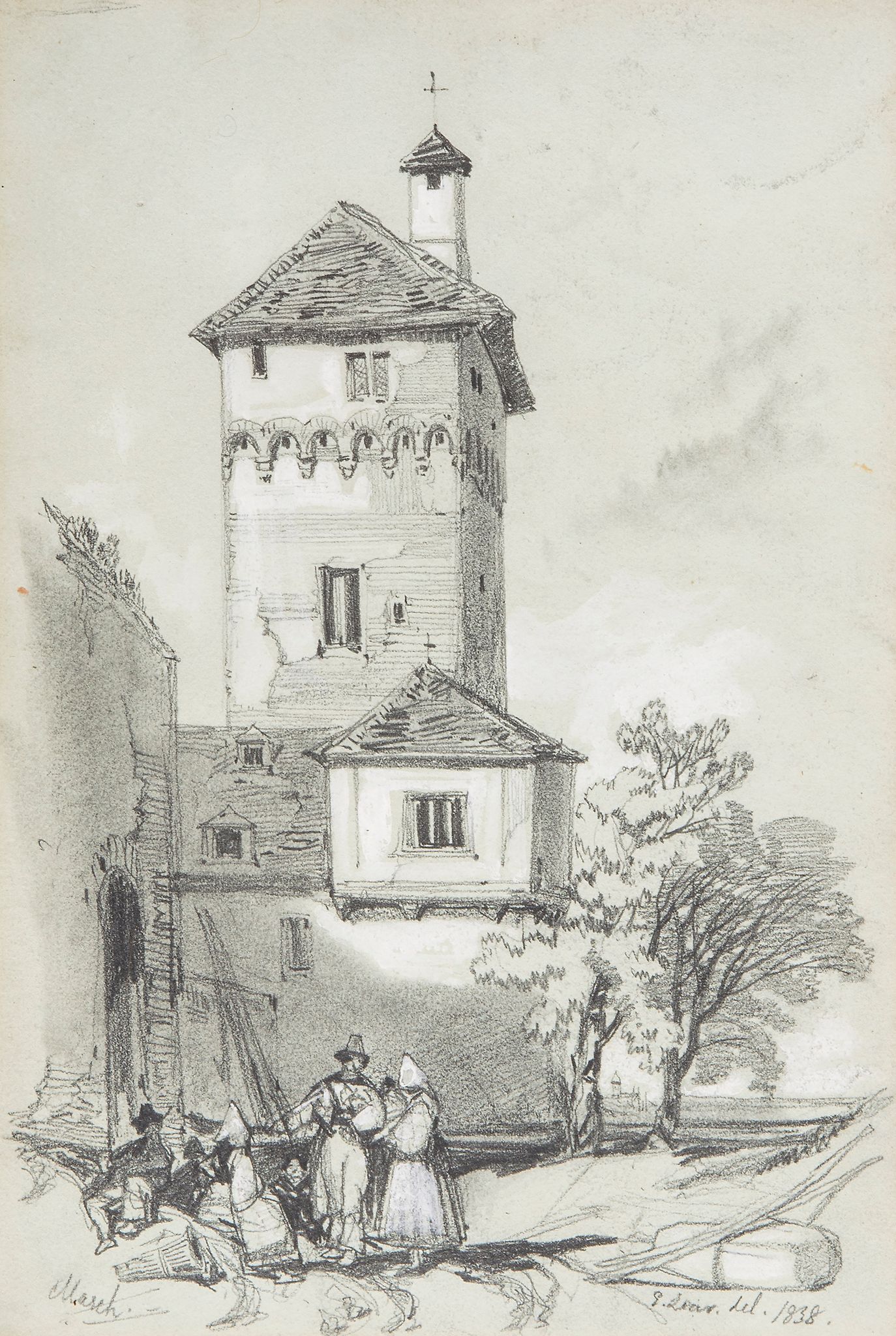 Edward Lear (1812-1888) - Tower at Boppard on the Rhine Black chalk, heightened with white, on light