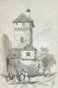 Edward Lear (1812-1888) - Tower at Boppard on the Rhine Black chalk, heightened with white, on light