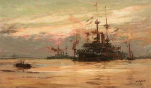 William Lionel Wyllie (1851-1931) - A Battleship Loading Ammunition Oil on panel Signed lower