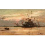 William Lionel Wyllie (1851-1931) - A Battleship Loading Ammunition Oil on panel Signed lower