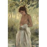 Roy Petley (b. 1951) - Girl by a woodland pool Oil on board Signed lower right 62 x 40.5 cm (24 1/
