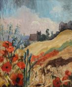 E. Lucy Harwood (1893-1972) - Church in a landscape with poppies Oil on canvas Signed on reverse