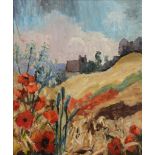 E. Lucy Harwood (1893-1972) - Church in a landscape with poppies Oil on canvas Signed on reverse