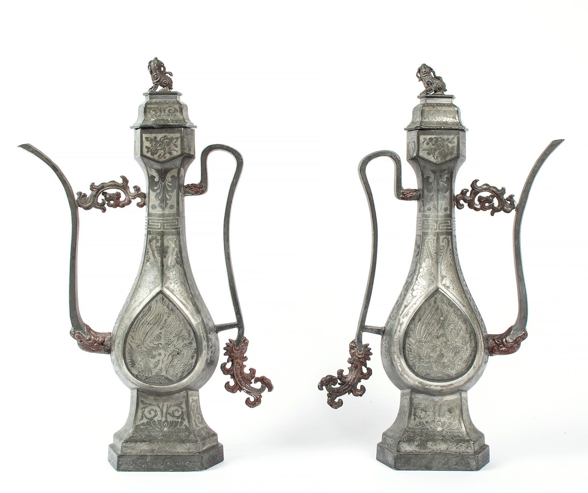 A pair of pewter ewers, 19th century , of Middle Eastern metalwork form with...  A pair of pewter - Image 2 of 2