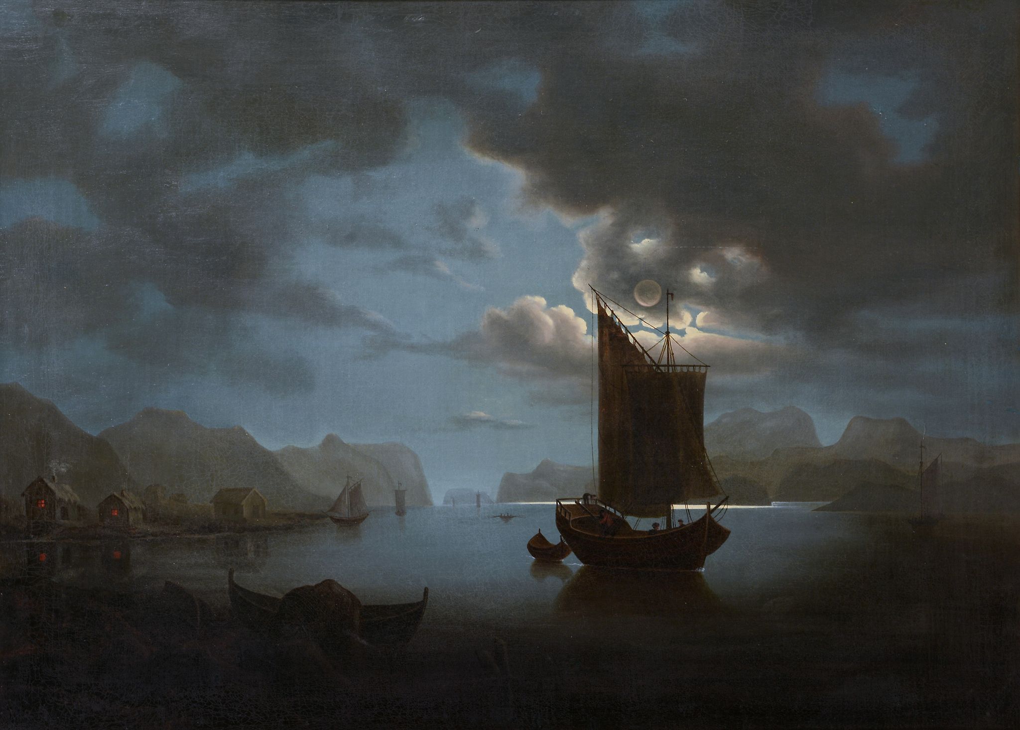 English School (19th century) - Vessels in a fjord by moonlight Oil on canvas 67 x 92 cm (26 1/2 x