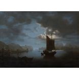 English School (19th century) - Vessels in a fjord by moonlight Oil on canvas 67 x 92 cm (26 1/2 x
