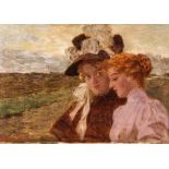 Tihamér von Margitay (1859-1922) - Two ladies in a landscape Oil on board Signed lower left