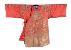 An embroidered red silk satin Han Chinese woman's jacket, mangao  An embroidered red silk satin