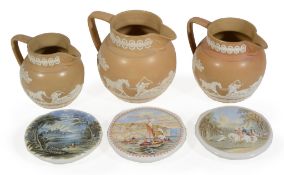 A garniture of three Copeland drab-coloured stoneware hunting jugs  A garniture of three Copeland