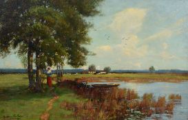 Andrew Hislop (1887-1954) - Solitary figure under a tree, beside a pond with farmhouse beyond Oil on