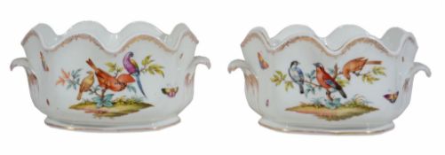 A pair of Dresden porcelain monteiths, circa 1900, painted with birds, 'AR  A pair of Dresden
