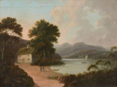 Attributed to Jane Nasmyth (1778-1840) - Lakeside cottage Oil on panel 26 x 36 cm (10 1/4 x 14 in)