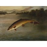 A Roland Knight (fl.1879-1921) - A leaping trout Oil on canvas Signed lower right 38 x 51 cm (15 x