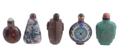 A group of five snuff bottles including three hardstone bottles  A group of five snuff bottles