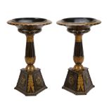 A pair of ebonised and penworked pine tazzas in Regency style, 19th century  A pair of ebonised