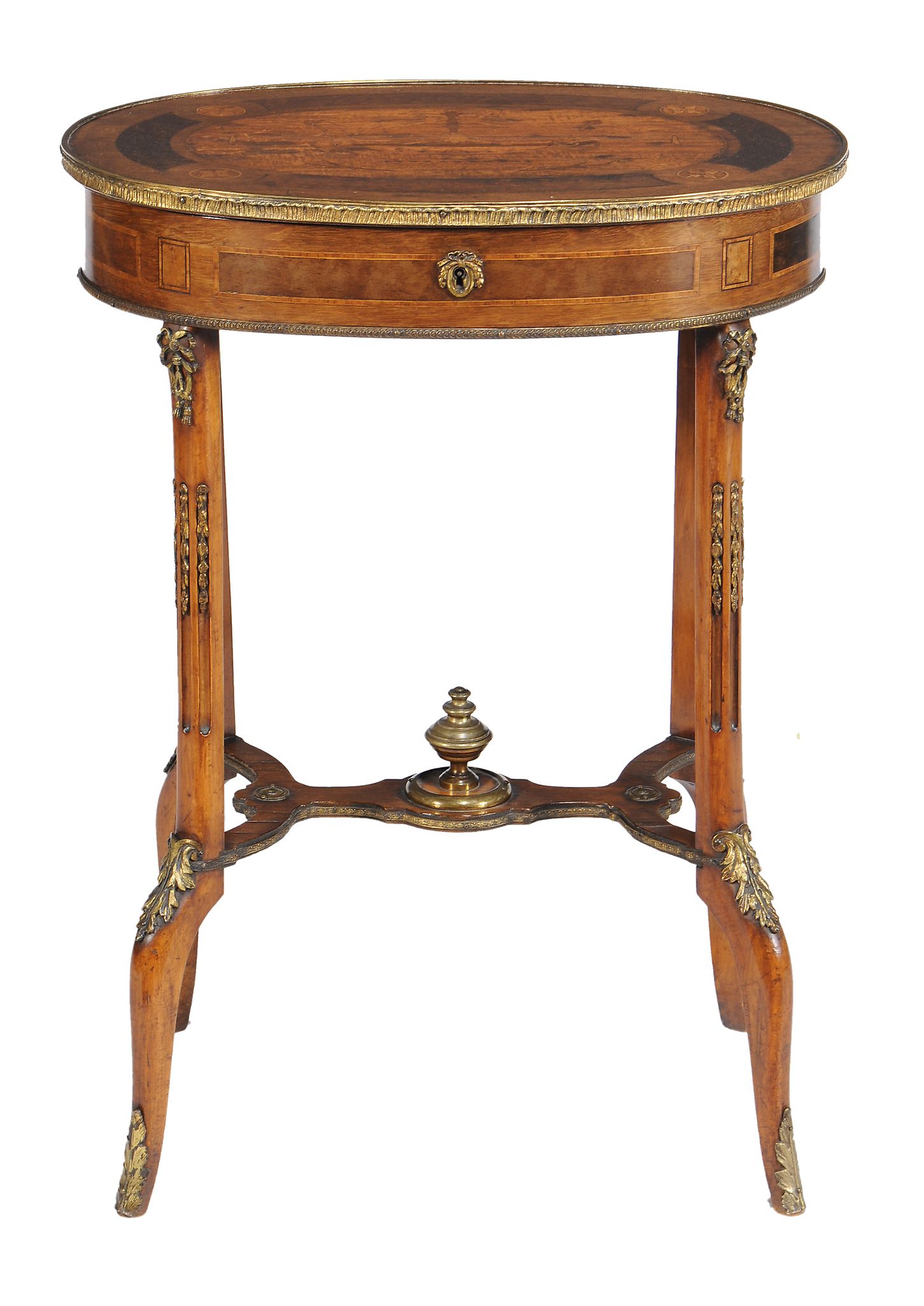 A mahogany and marquetry gilt metal mounted gueridon in Louis XVI style  A mahogany and marquetry