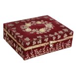 A red velvet covered and fish scale flower adorned casket, probably Russian  A red velvet covered