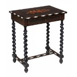 An Italian ebonised and marquetry decorated side table and matching pair of...  An Italian