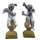 A pair of lead and reconstituted stone mounted figural pier finials  A pair of lead and