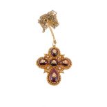 An early Victorian cannetille work garnet cross pendant, circa 1840  An early Victorian cannetille