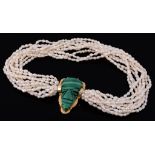 A freshwater cultured pearl and malachite necklace  A freshwater cultured pearl and malachite