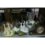 Quantity of collectable items to include brassware, a mantel clock, a dressing table set, parasol,