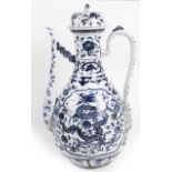 A large modern Chinese blue and white ceramic coffee pot with cover, decorated with dragon, 84cm